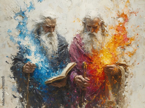 Bearded Wizards - A painting of two bearded men, possibly wizards, reading a book together. The painting could be inspired by the current trend of beard grooming  Generative AI © vinod