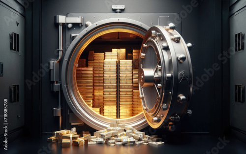 Open bank safe vault door with golden ingots peeking from inside