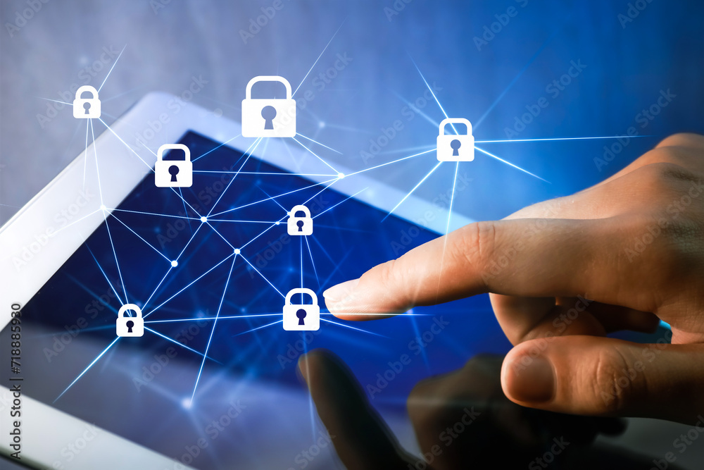 Privacy protection. Woman using tablet on color background, closeup. Digital scheme with padlocks over device Privacy protection. Woman using tablet on color background, closeup. Digital scheme with padlocks over device