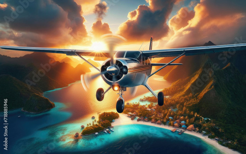 Light passenger aircraft with one propeller in the front flies over tropical islands in the morning