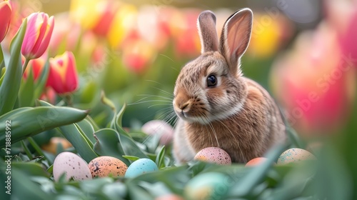 cute realistic bunny easter with blur nature background