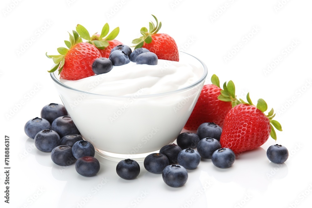 A bowl of yogurt topped with fresh strawberries and blueberries. generative AI A bowl of yogurt topped with fresh strawberries and blueberries. generative AI