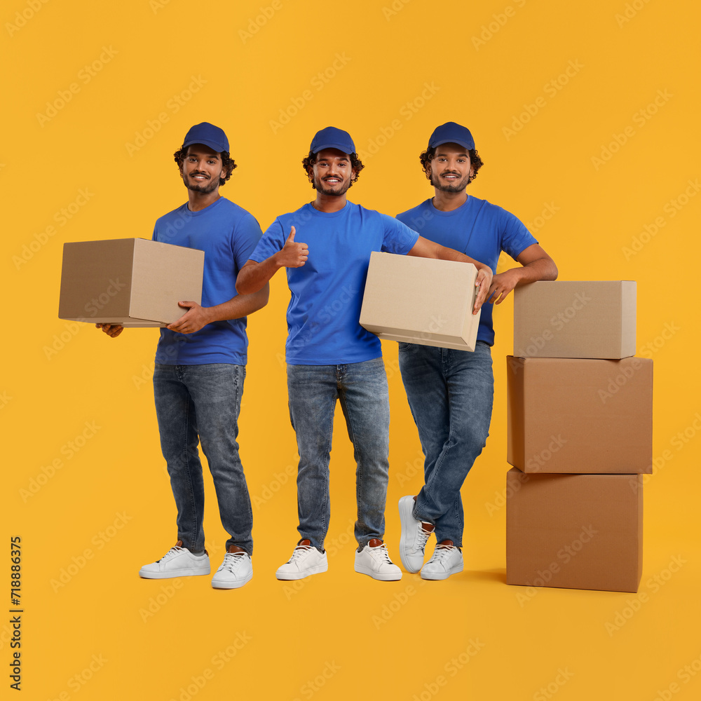 Delivery service. Happy courier with cardboard boxes on orange background, collage of photos Delivery service. Happy courier with cardboard boxes on orange background, collage of photos
