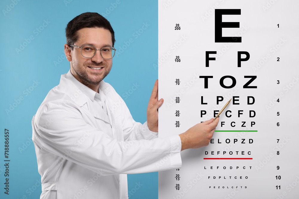Ophthalmologist pointing at vision test chart on light blue background Ophthalmologist pointing at vision test chart on light blue background