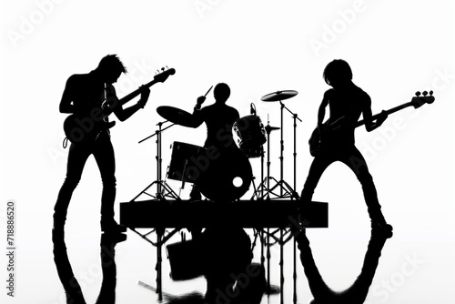 silhouette A music group or rock band playing a concert isolated on white background