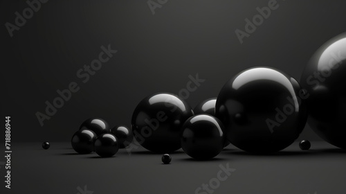 3D black spheres of different sizes and transparency. Dark colour palette. Abstract background. Generative AI