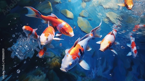 Painting of a group of koi fish with blue clear water and underwater pebbles, bright background color, sunlight background.