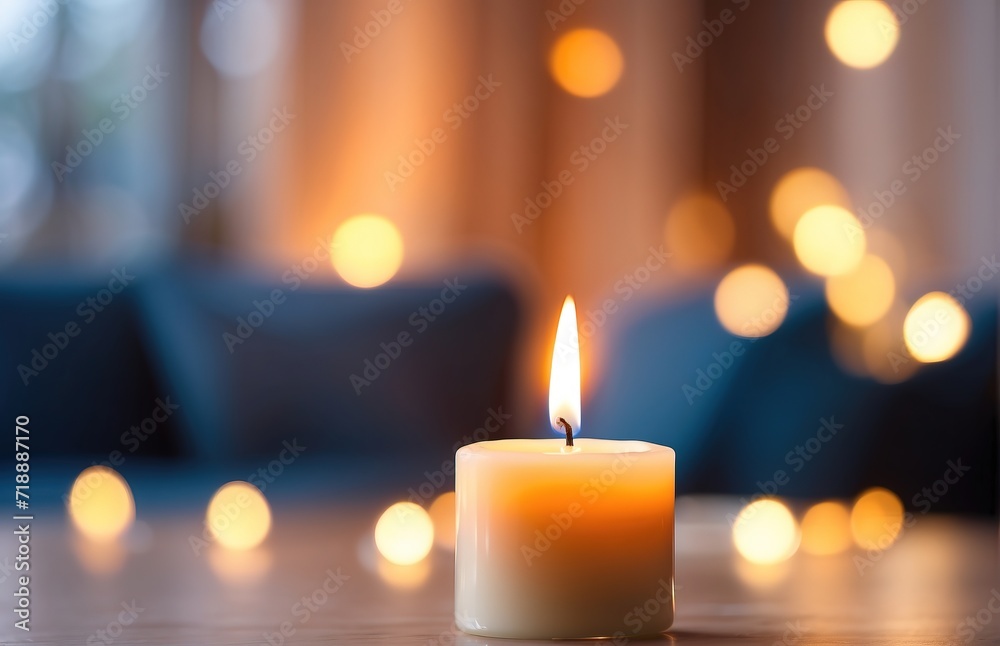 Burning candle on blurred living room background Burning candle on blurred living room background