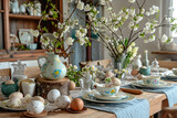 rustic Easter table setting composition with painted eggs,painted dishes and flowering branches, the concept of Easter design and greeting cards