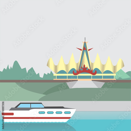 Icon of building architecture Lampung with a boat sailing on the water 