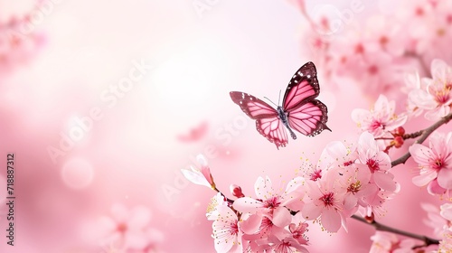 Spring banner background with pink blossom and flying butterfly © INK ART BACKGROUND