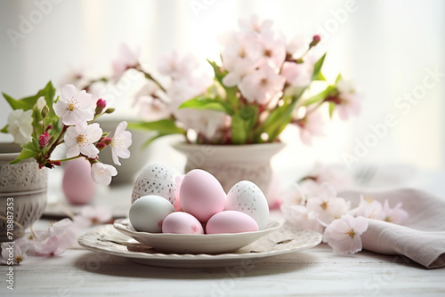 Easter table setting composition with colored eggs,light dishes and delicate apple blossoms, the concept of Easter design and greeting cards
