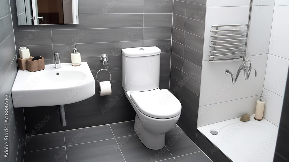 A minimalist and clean toilet design with gray walls. generative AI A minimalist and clean toilet design with gray walls. generative AI