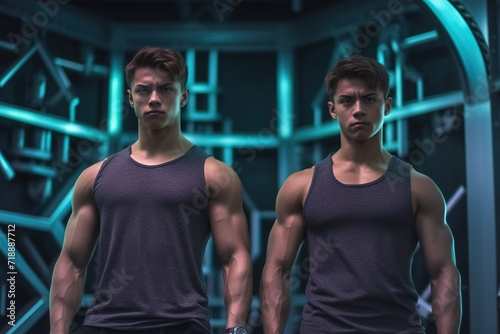 Waist up portrait of handsome twins fitness trainers standing in their own gym. Two muscular guys showing muscles and standing in sportswear in sports club.