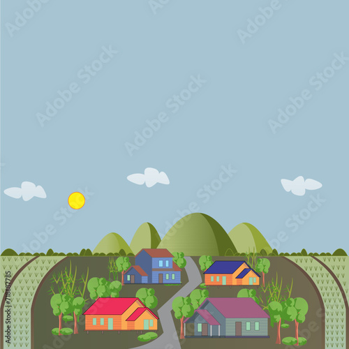 A vibrant digital illustration showcasing a serene neighborhood of colorful houses nestled amidst rolling green hills and lush greenery, bathed in sunlight