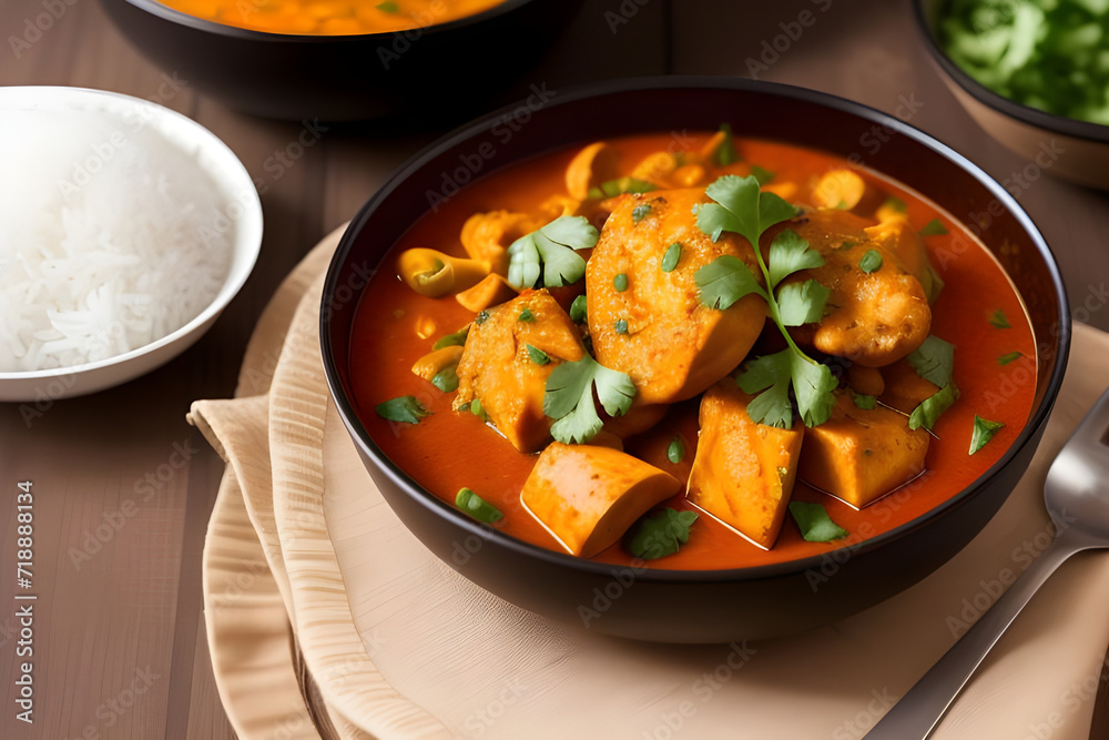 A bowl of spicy chicken curry with naan bread and rice A bowl of spicy chicken curry with naan bread and rice