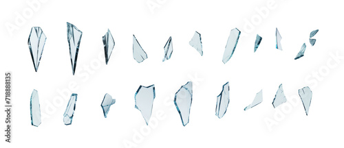 Shards of shattered glass. Pieces of broken glass isolated. Transparent background PNG. Pen tool cutout. Side by side of various broken glass pieces of several shapes and sizes.  photo