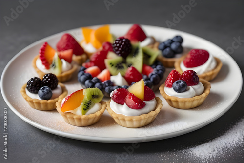 A plate of colorful fruit tartlets with a dusting of powdered sugar