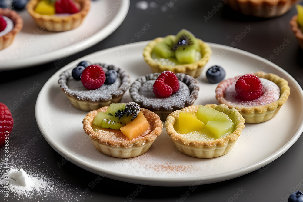 A plate of colorful fruit tartlets with a dusting of powdered sugar