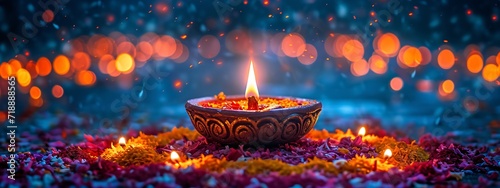 Fall's Fiery Flicker: A Glowing Diwali Lamp Generative AI photo