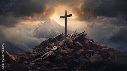 a cross is on top of the mountain with the clouds and mountains