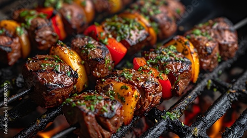 Sizzling Steak Skewers with Peppers and Herbs: A Tasty Treat for Grilling Enthusiasts Generative AI