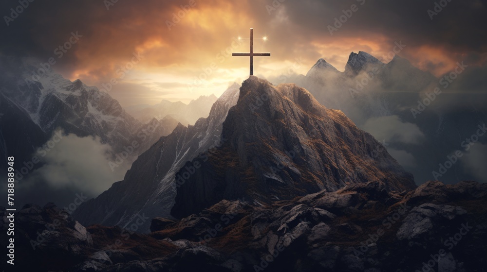 a cross is on top of the mountain with the clouds and mountains a cross is on top of the mountain with the clouds and mountains