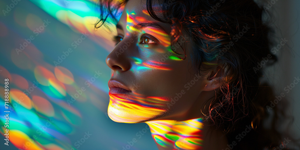 Fototapeta premium Profile of a young woman with her skin aglow with vivid neon light reflections, exuding a futuristic vibe