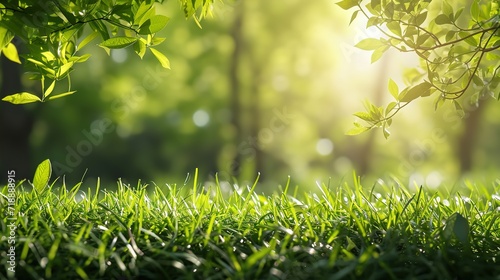 Spring summer background with frame of grass and leaves on nature. Juicy lush green grass on meadow in morning sunny light outdoors, copy space, soft focus, defocus background