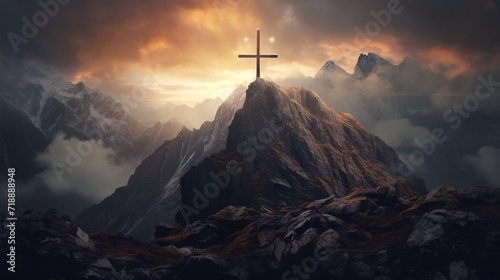 a cross is on top of the mountain with the clouds and mountains © IgnacioJulian