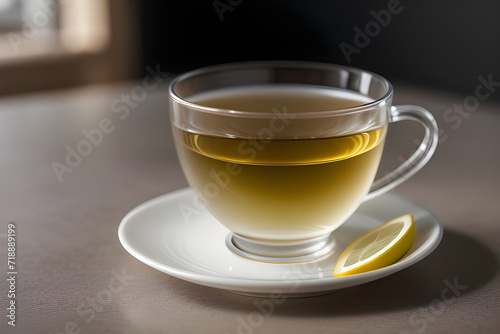 A cup of aromatic herbal tea with a slice of lemon.