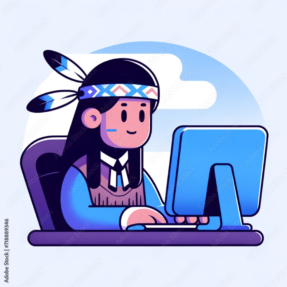 Native american man working on a computer flat illustration