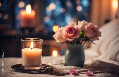 Candle and a cup coffe on a bed with a blanket and a vase of flover in the background photo