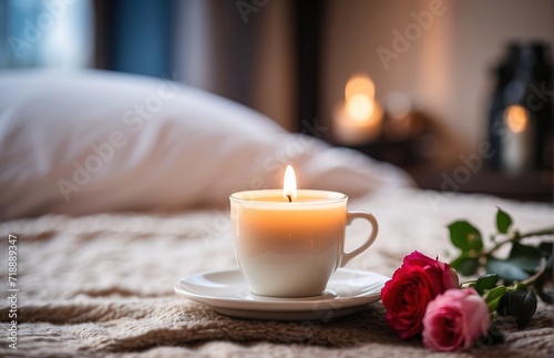 Candle and a cup coffe on a bed with a blanket and a vase of flover in the background photo