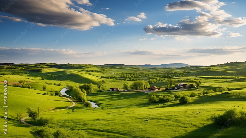 Obraz premium Picturesque countryside farm with rolling hills in summer , Picturesque countryside farm, rolling hills, summer