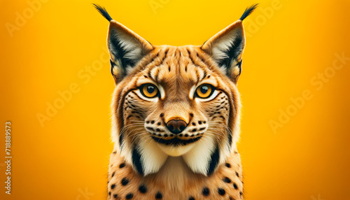 A close-up frontal view of a lynx on a yellow background