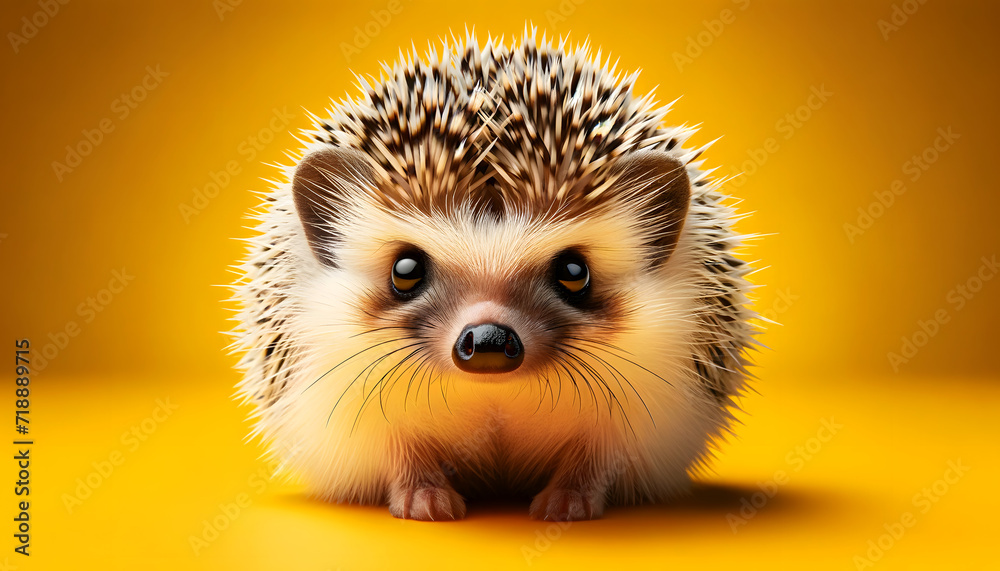 A close-up frontal view of a hedgehog on a yellow background A close-up frontal view of a hedgehog on a yellow background