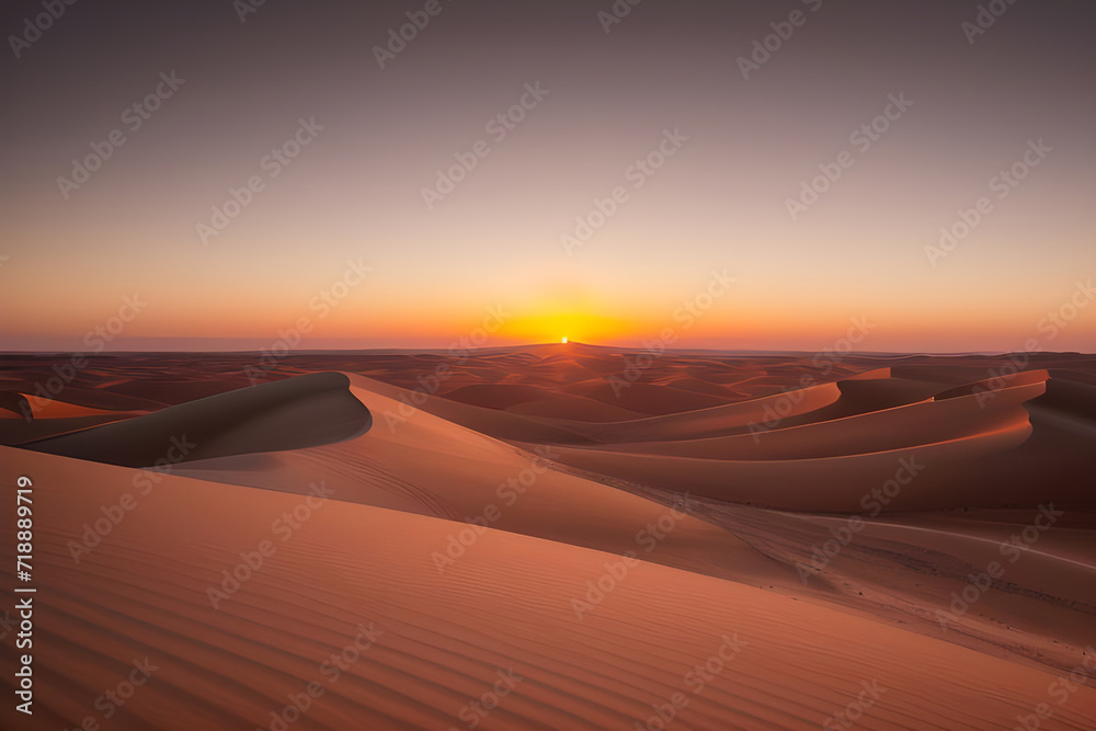 A breathtaking sunset over a vast desert with dunes and sparse vegetation