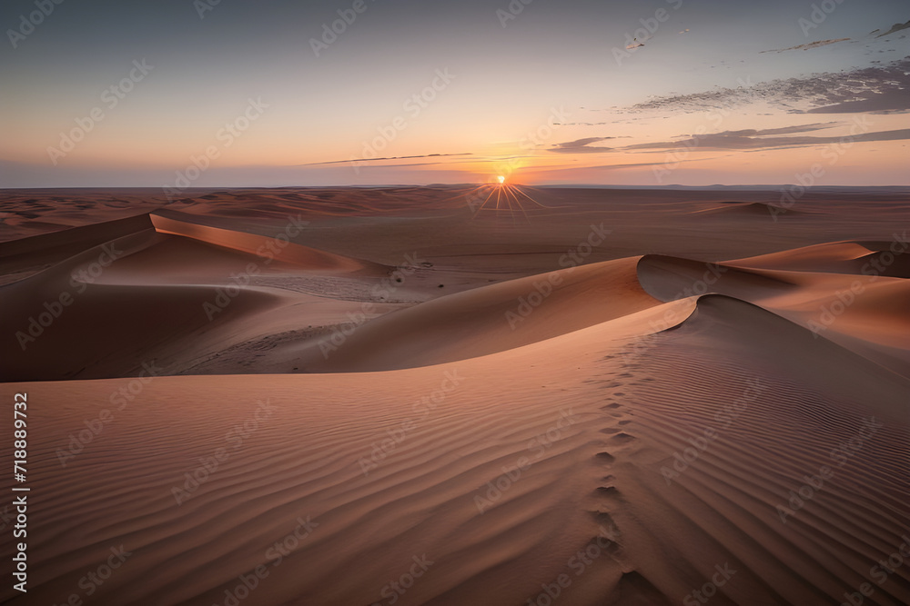 A breathtaking sunset over a vast desert with dunes and sparse vegetation A breathtaking sunset over a vast desert with dunes and sparse vegetation