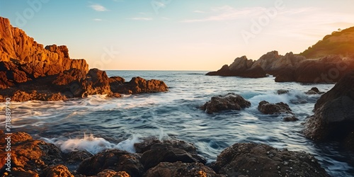 Rugged rocky coastline at sunrise in summer , Rugged rocky coastline, sunrise, summer