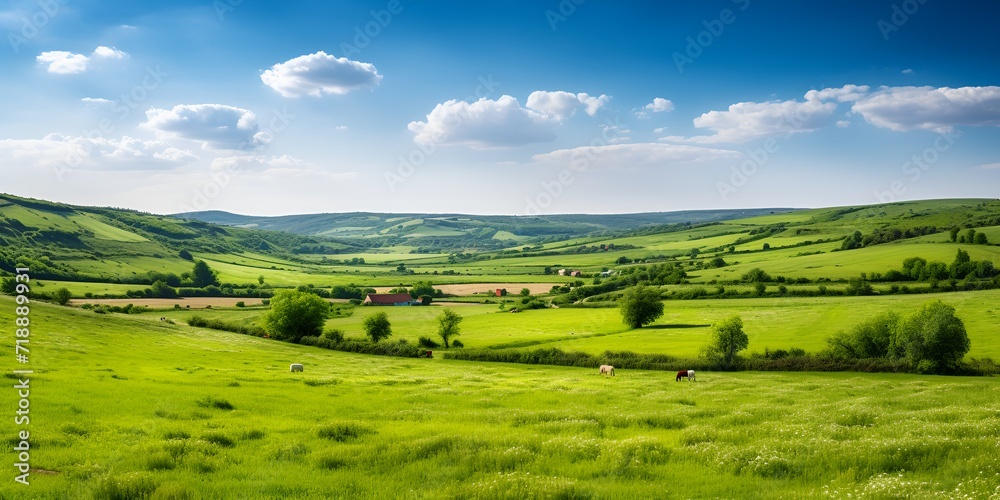 Picturesque countryside farm with rolling hills in summer , Picturesque countryside farm, rolling hills, summer