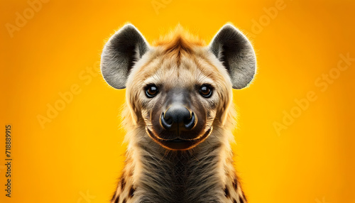 A close-up frontal view of a hyena on a yellow background
