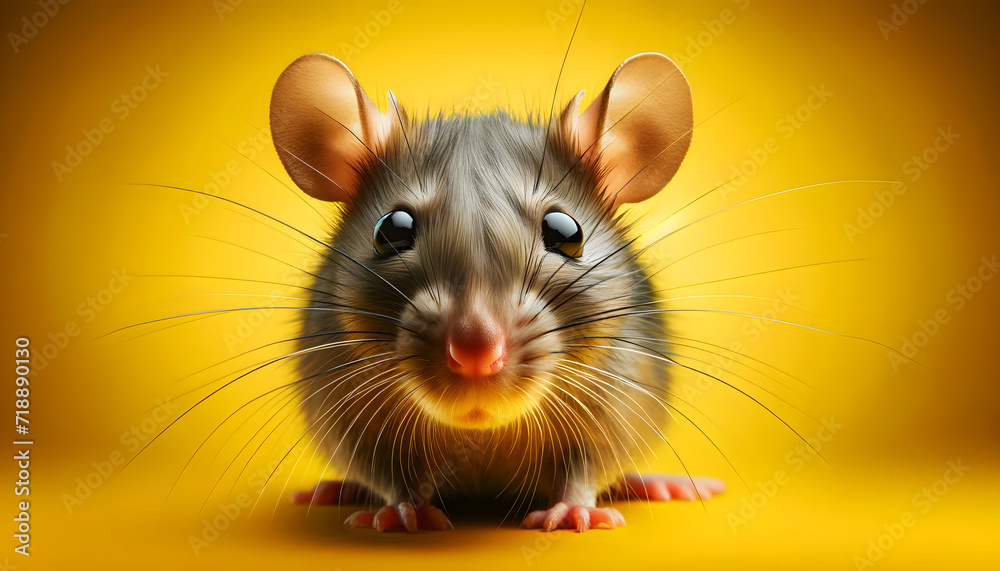 A close-up frontal view of a rat on a yellow background A close-up frontal view of a rat on a yellow background