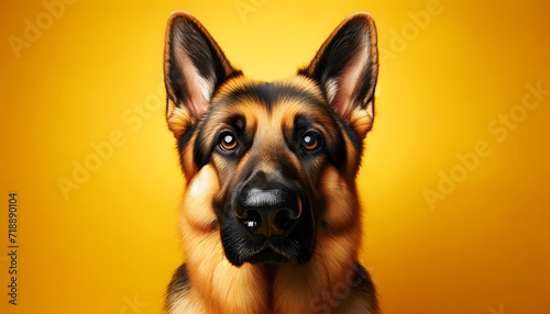 A close-up frontal view of a German Shepherd on a yellow background