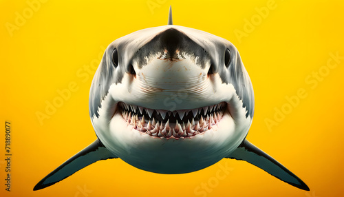 A close-up frontal view of a great white shark on a yellow background