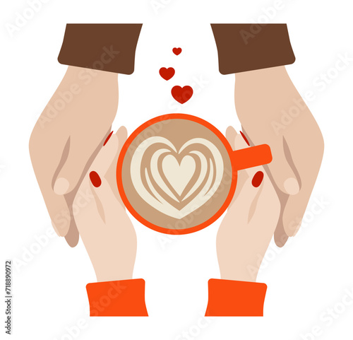 Hands of lovers hold coffee with heart. Hands with cup of coffee. Cappuccino, latte, flat white, coffee with milk. Holiday valentine's day, wedding, marriage, celebrate. Vector art illustration