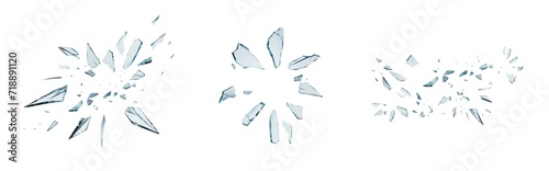 Shards of shattered glass. Pieces of broken glass isolated. Transparent background PNG. Pen tool cutout. Various patterns of broken glass bursts and explosions.  photo