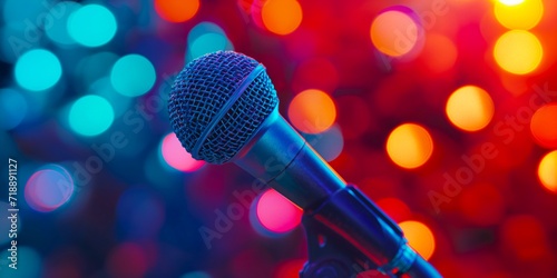 Microphone on stage close-up on a defocused multi-colored background with lights. Side view.