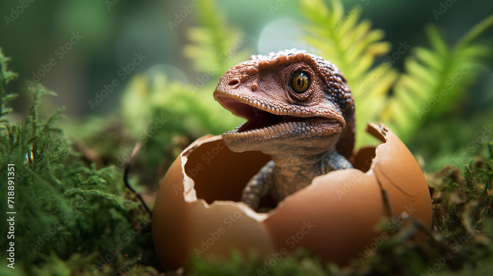 Fototapeta premium Small dinosaur hatching from an egg