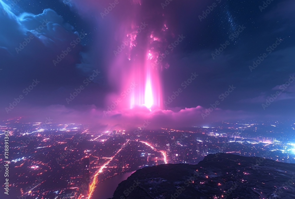 Pink Aurora Over City: A Stunning Nighttime View Generative AI